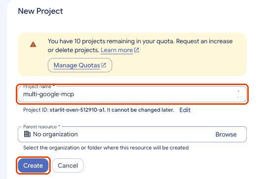 New Project form with the name multi-google-mcp