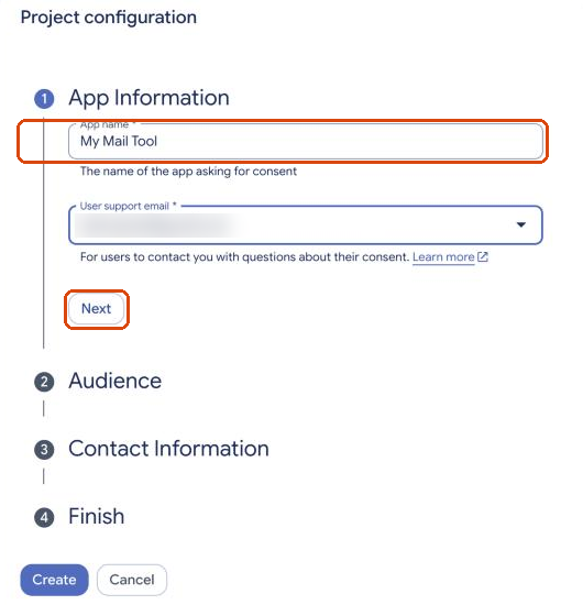 Project configuration, App Information step