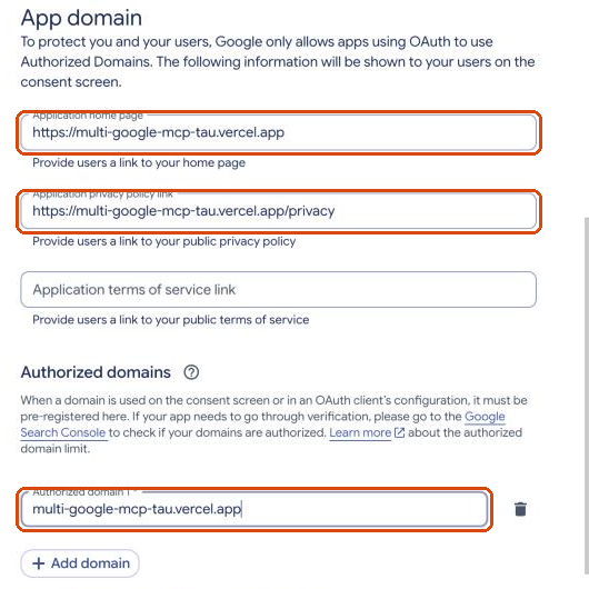 App domain section filled in