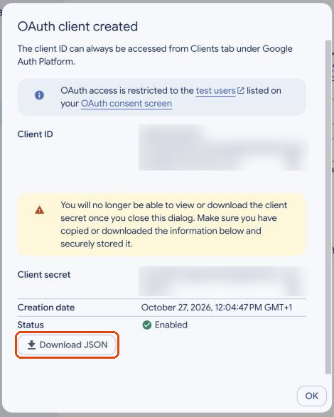 OAuth client created dialog, with Download JSON outlined