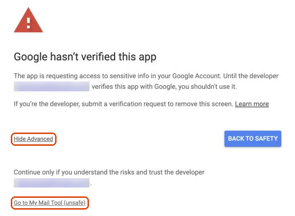 Google hasn't verified this app, with Advanced opened